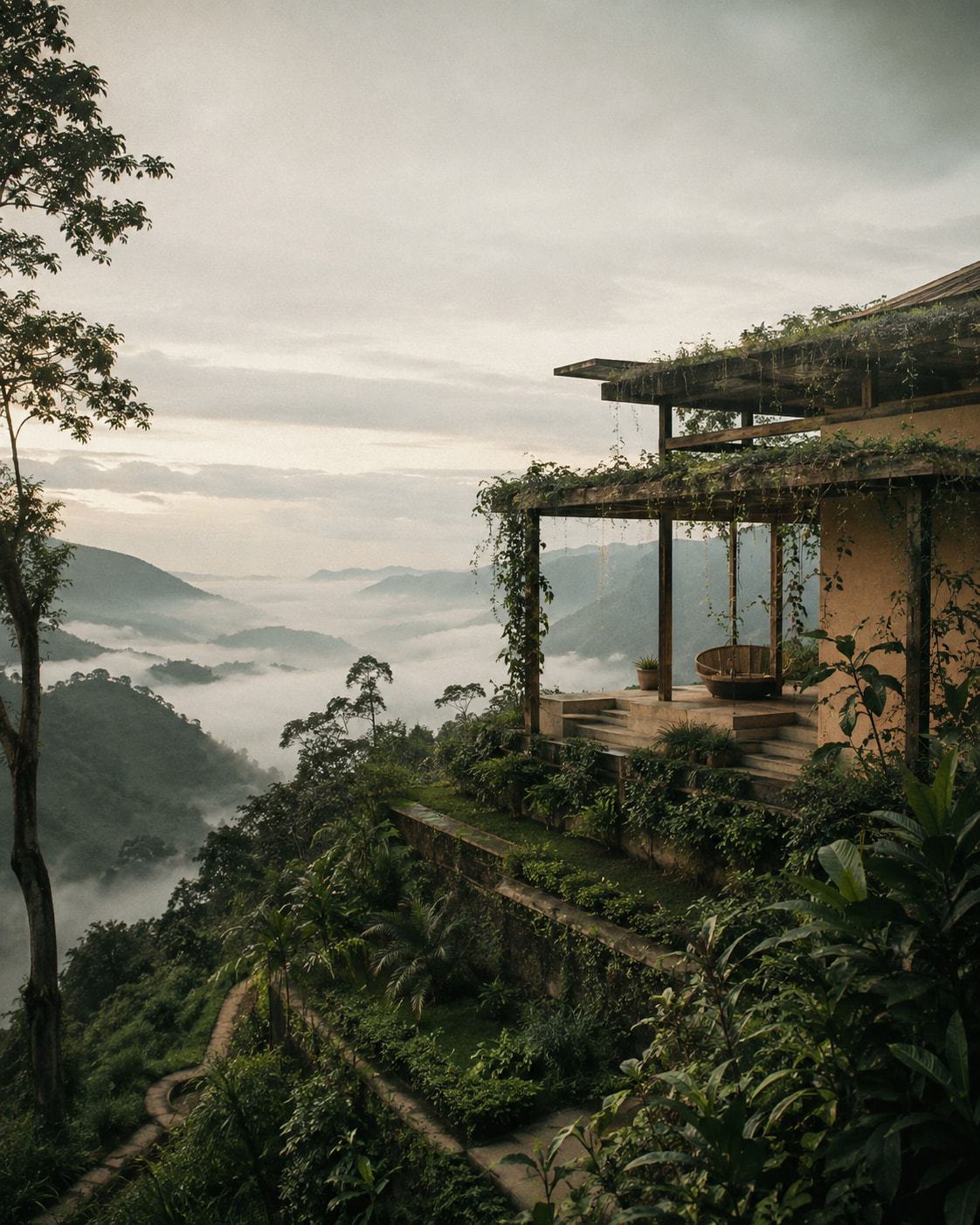 Hillside villa above a valley of morning cloud