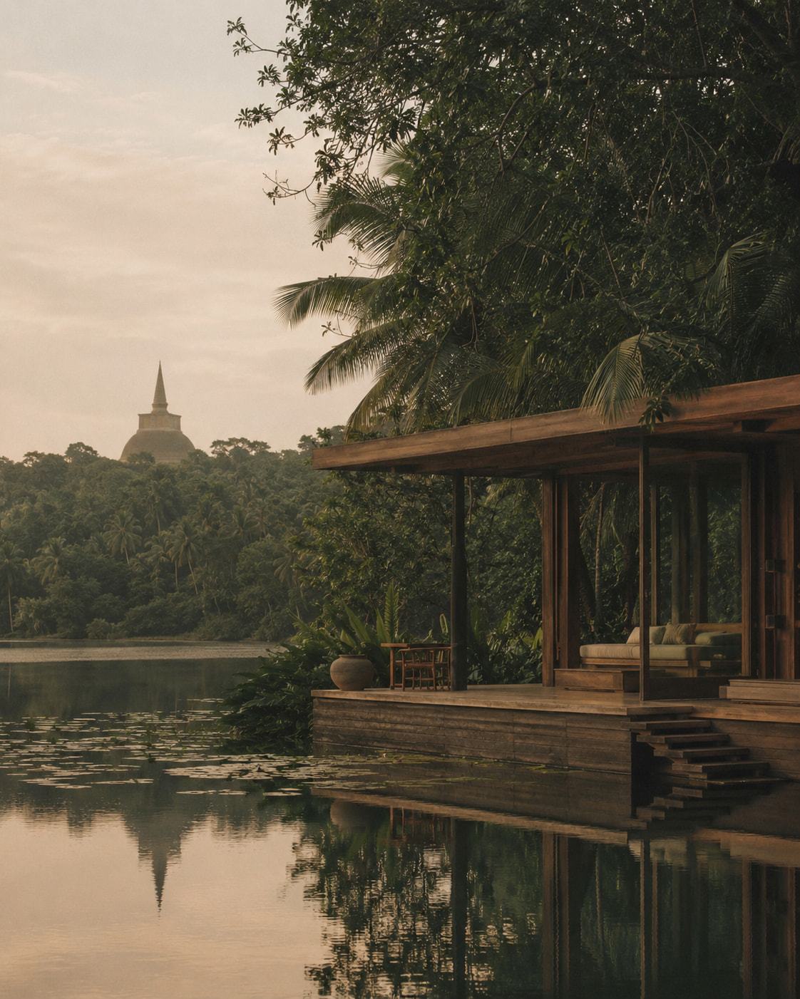 Lakeside villa at dawn in Polonnaruwa