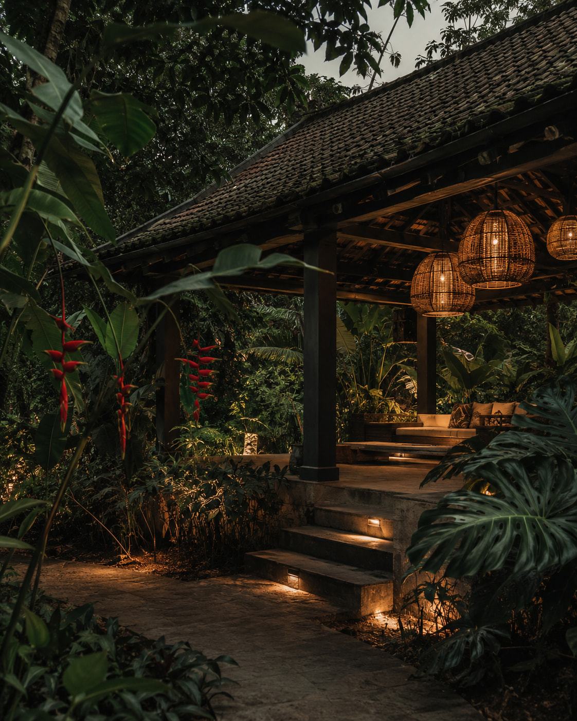 Lantern-lit pavilion in the garden at dusk