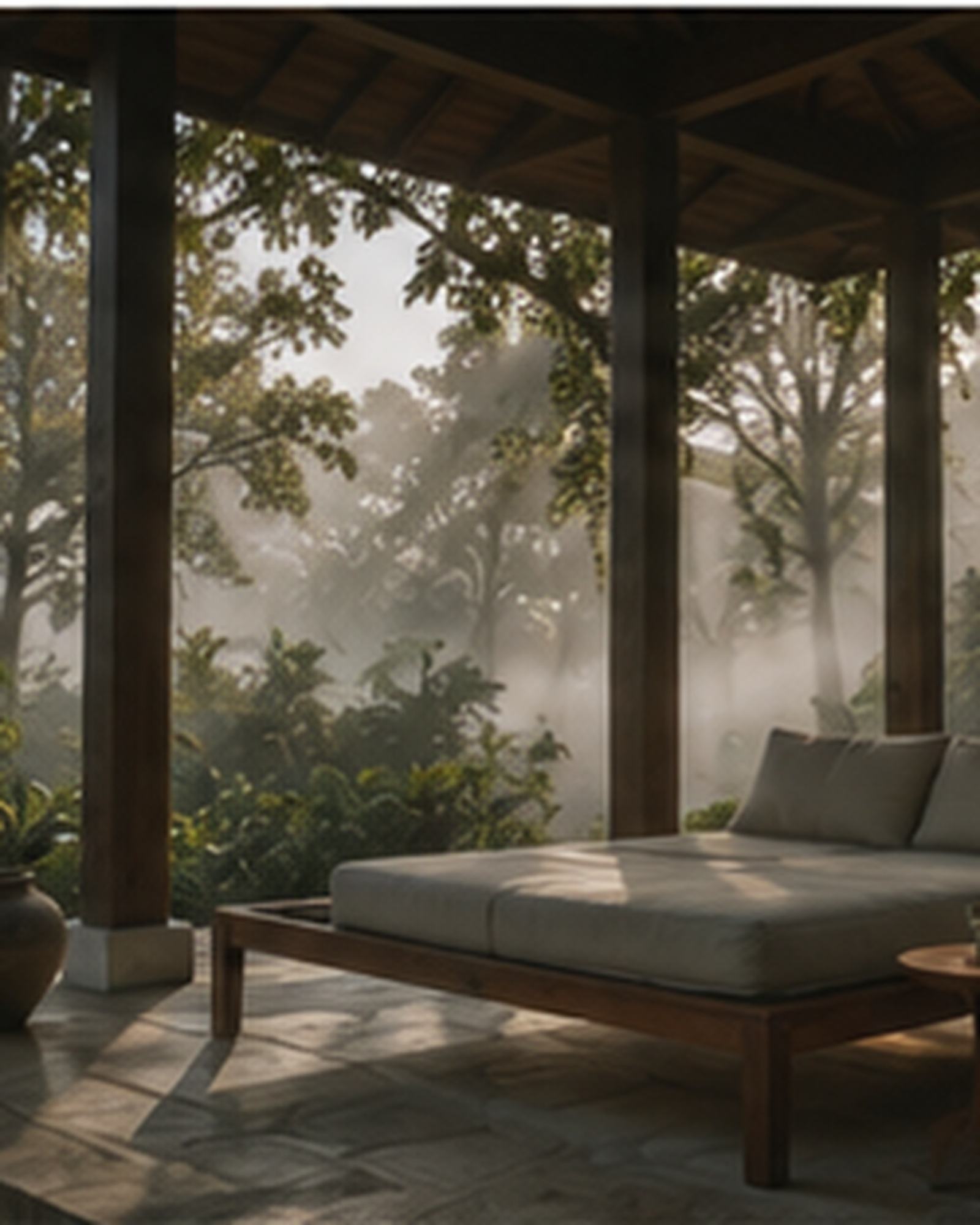 Daybed on an open pavilion in morning mist
